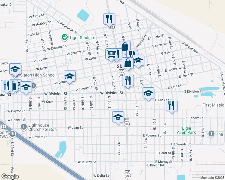 map of restaurants, bars, coffee shops, grocery stores, and more near 355 South 10th Street in Slaton