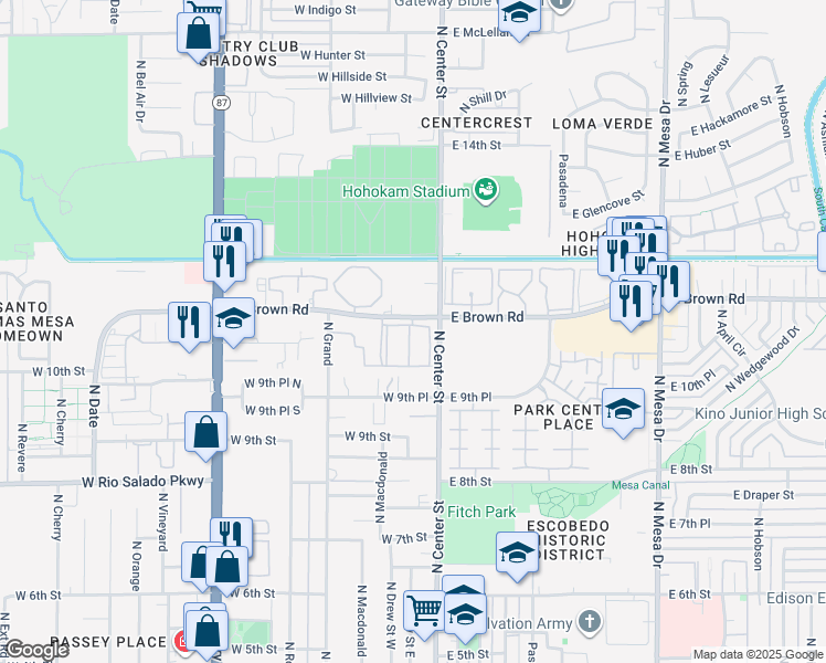 map of restaurants, bars, coffee shops, grocery stores, and more near 2 West Brown Road in Mesa