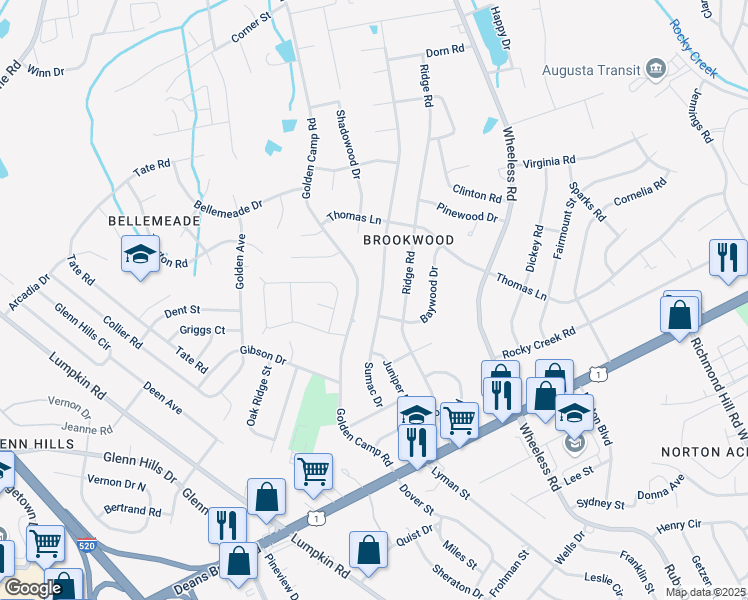 map of restaurants, bars, coffee shops, grocery stores, and more near 2423 Sumac Drive in Augusta