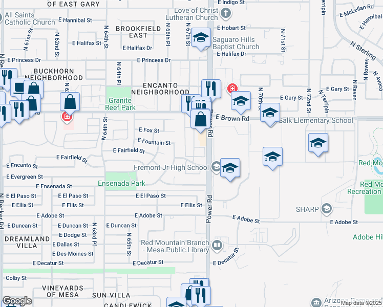 map of restaurants, bars, coffee shops, grocery stores, and more near 1066 North Power Road in Mesa
