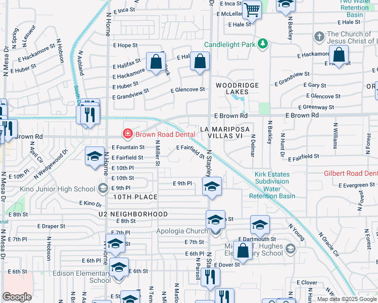 map of restaurants, bars, coffee shops, grocery stores, and more near 1118 East Fairfield Street in Mesa