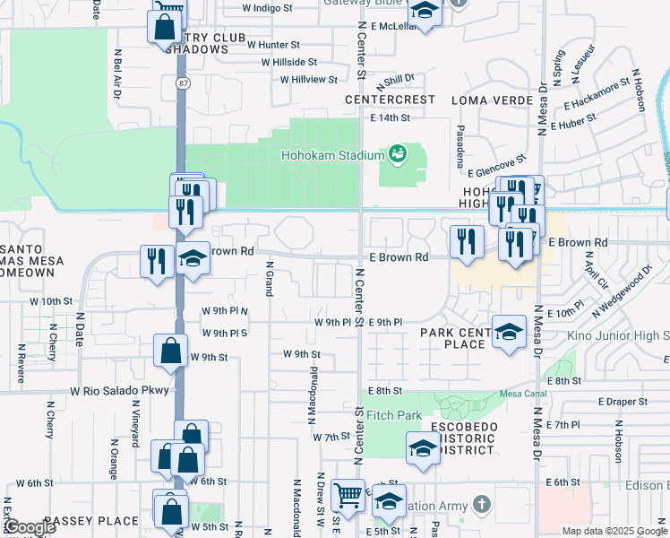 map of restaurants, bars, coffee shops, grocery stores, and more near in Mesa