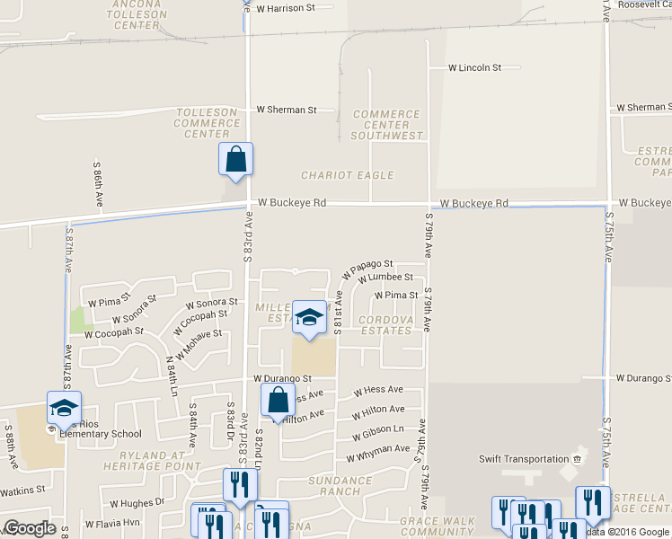 map of restaurants, bars, coffee shops, grocery stores, and more near 8104 West Papago Street in Phoenix