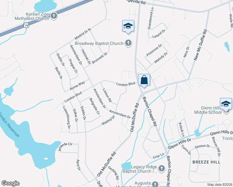 map of restaurants, bars, coffee shops, grocery stores, and more near 3601 Lisbon Court in Augusta