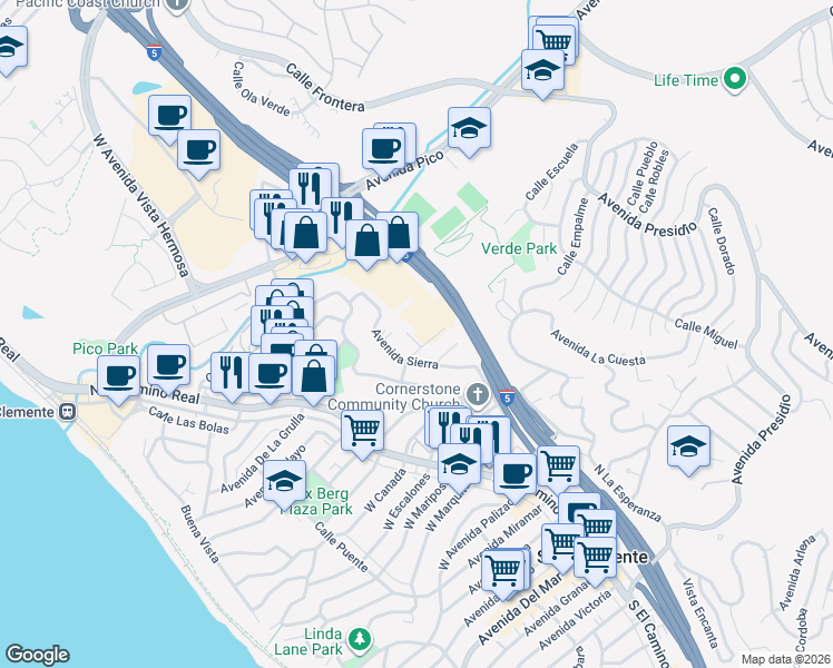 map of restaurants, bars, coffee shops, grocery stores, and more near 106 Revuelta Court in San Clemente