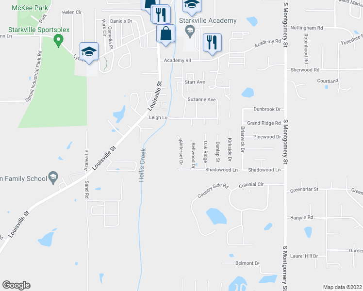 map of restaurants, bars, coffee shops, grocery stores, and more near 109 Winterset Drive in Starkville