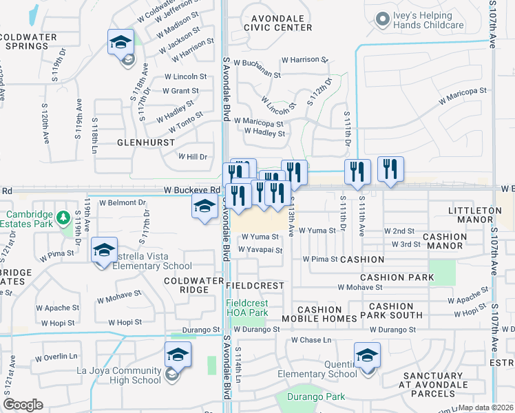 map of restaurants, bars, coffee shops, grocery stores, and more near 11403 West Buckeye Road in Avondale