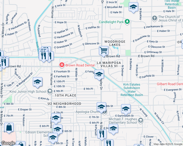 map of restaurants, bars, coffee shops, grocery stores, and more near 1118 East Fairfield Street in Mesa