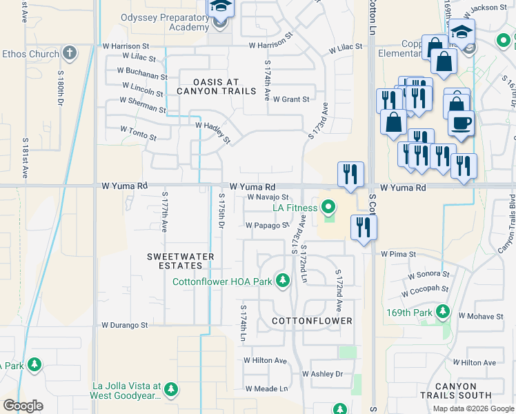 map of restaurants, bars, coffee shops, grocery stores, and more near 17429 West Navajo Street in Goodyear