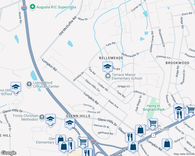 map of restaurants, bars, coffee shops, grocery stores, and more near 3122 Tate Road in Augusta