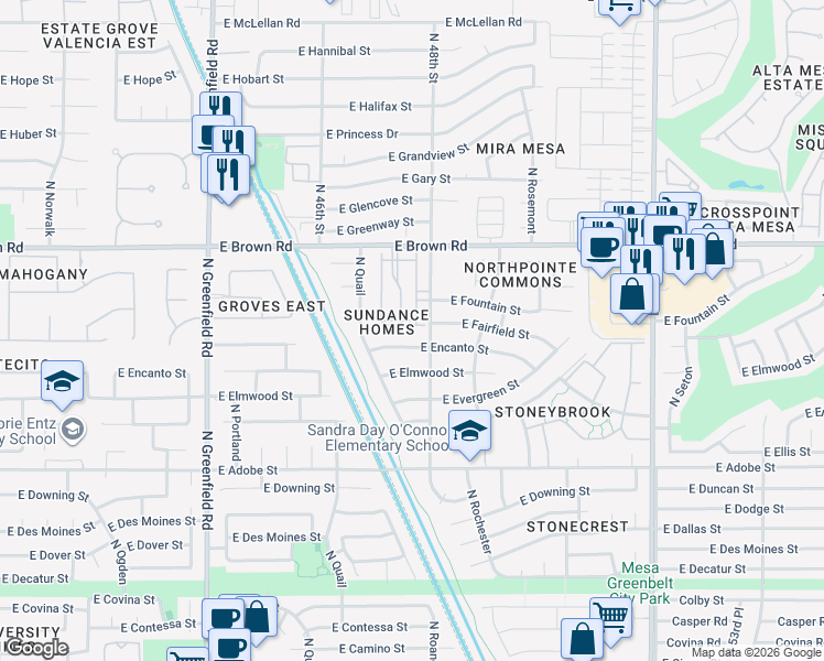 map of restaurants, bars, coffee shops, grocery stores, and more near 4725 East Brown Road in Mesa