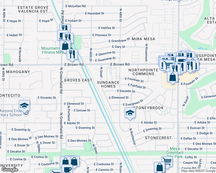 map of restaurants, bars, coffee shops, grocery stores, and more near 4725 East Brown Road in Mesa