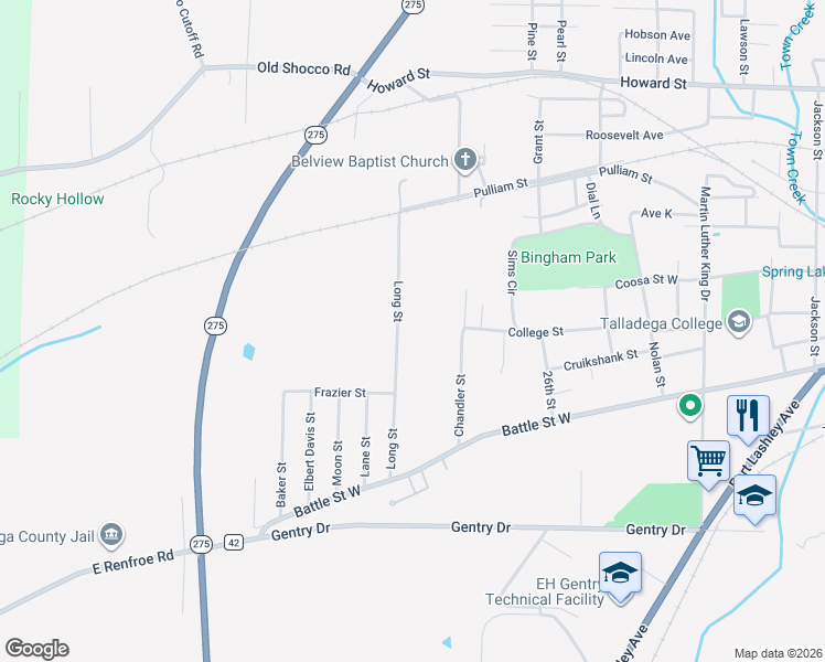 map of restaurants, bars, coffee shops, grocery stores, and more near 229 Long Street in Talladega