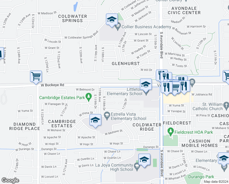 map of restaurants, bars, coffee shops, grocery stores, and more near 11791 West Belmont Drive in Avondale