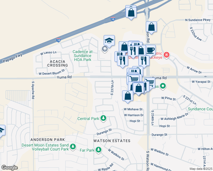 map of restaurants, bars, coffee shops, grocery stores, and more near 23788 West Papago Street in Buckeye