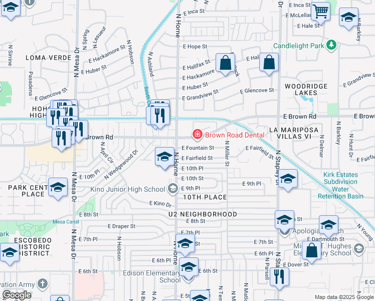 map of restaurants, bars, coffee shops, grocery stores, and more near 829 East Fountain Street in Mesa