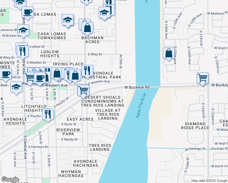 map of restaurants, bars, coffee shops, grocery stores, and more near 12851 East Buckeye Road in Avondale