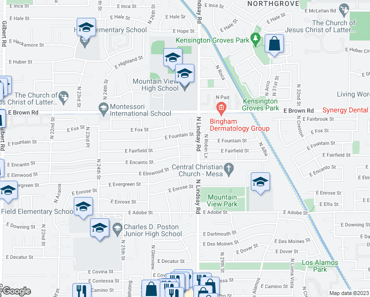 map of restaurants, bars, coffee shops, grocery stores, and more near 2702 East Fairfield Circle in Mesa