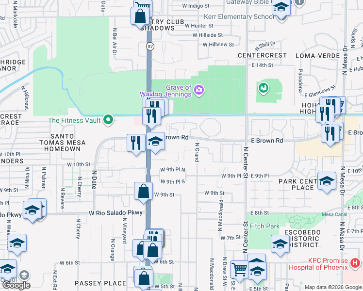 map of restaurants, bars, coffee shops, grocery stores, and more near 255 West Brown Road in Mesa