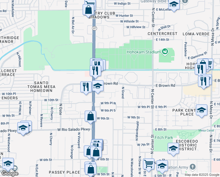 map of restaurants, bars, coffee shops, grocery stores, and more near 255 West Brown Road in Mesa