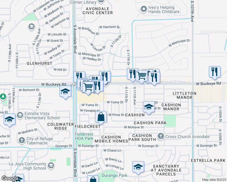 map of restaurants, bars, coffee shops, grocery stores, and more near 11154 West Joblanca Road in Avondale