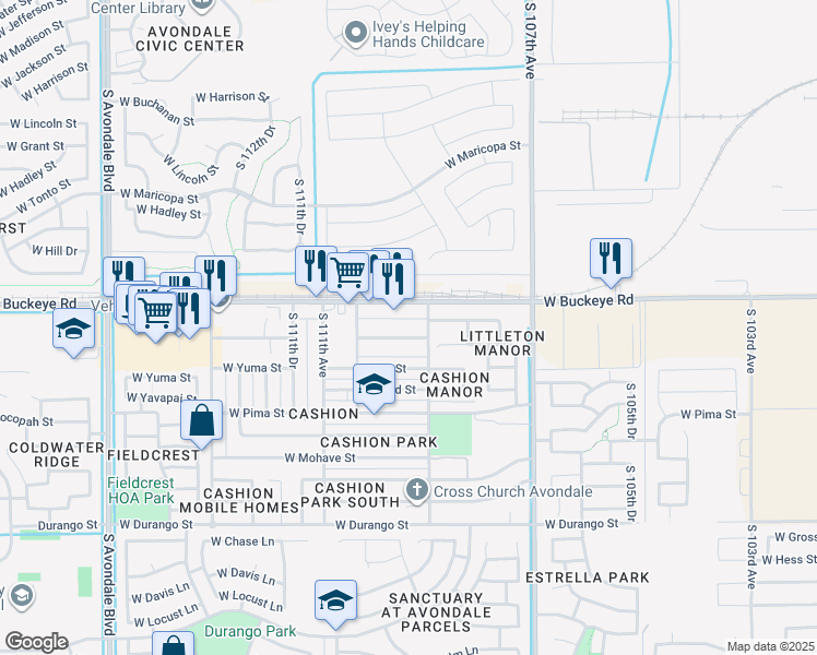 map of restaurants, bars, coffee shops, grocery stores, and more near 10901 West Buckeye Road in Avondale