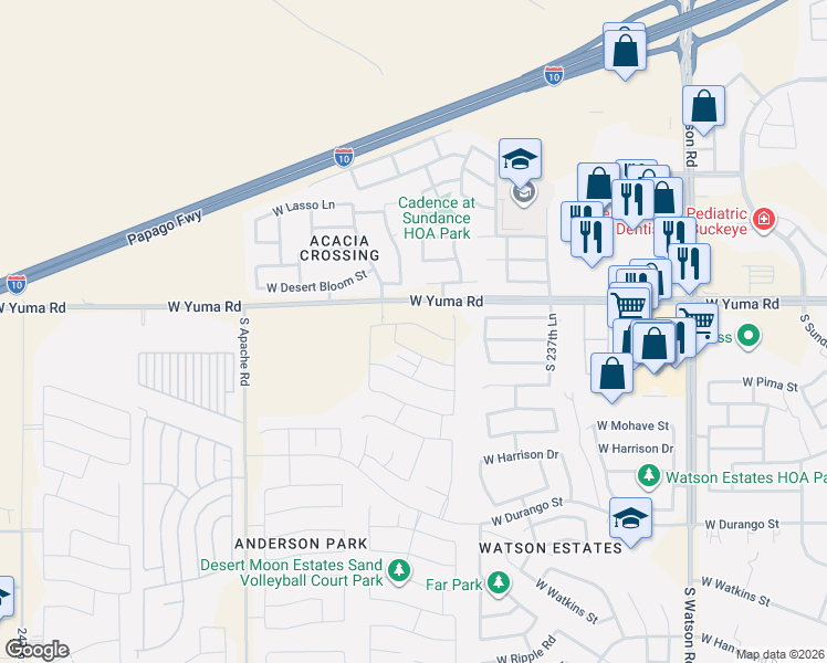 map of restaurants, bars, coffee shops, grocery stores, and more near West Yuma Road in Buckeye