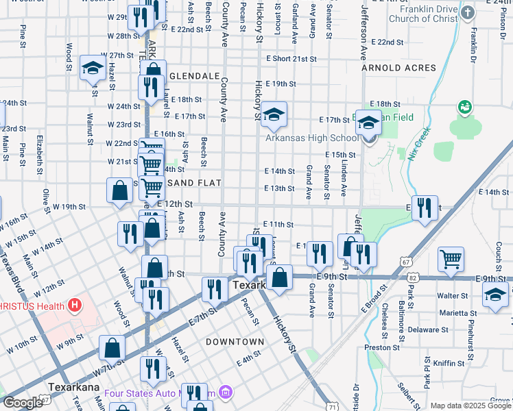 map of restaurants, bars, coffee shops, grocery stores, and more near 1201 Hickory Street in Texarkana