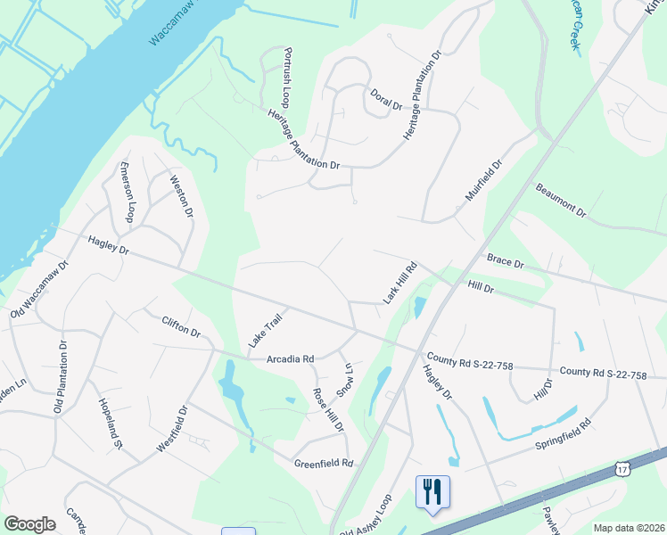 map of restaurants, bars, coffee shops, grocery stores, and more near 58 Delbrook Lane in Pawleys Island