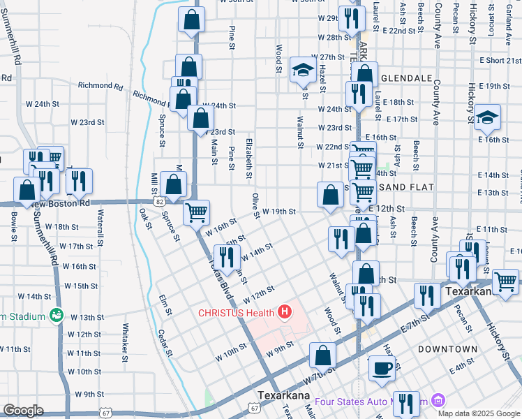 map of restaurants, bars, coffee shops, grocery stores, and more near 1911 Wood Street in Texarkana