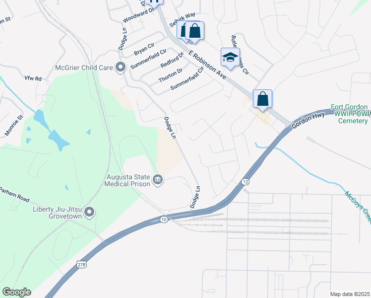 map of restaurants, bars, coffee shops, grocery stores, and more near 10 Dodge Lane in Grovetown