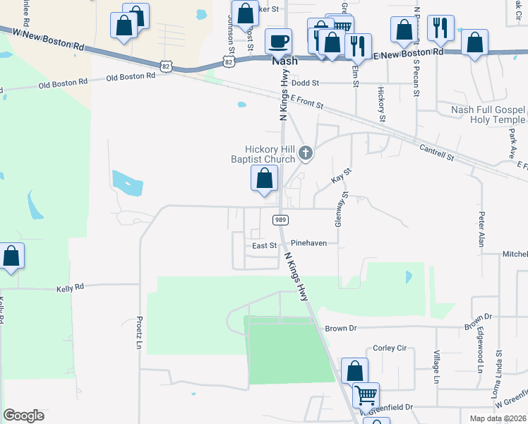 map of restaurants, bars, coffee shops, grocery stores, and more near 104 Proetz Lane in Nash