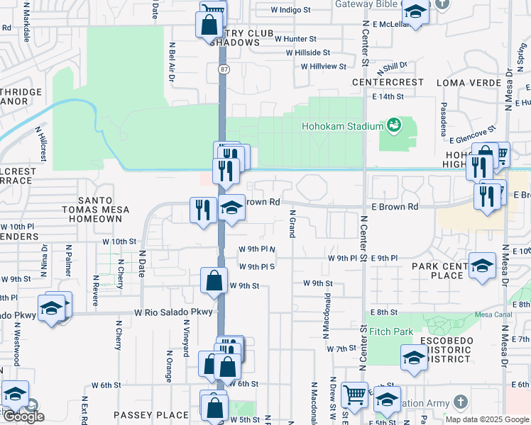 map of restaurants, bars, coffee shops, grocery stores, and more near 255 West Brown Road in Mesa