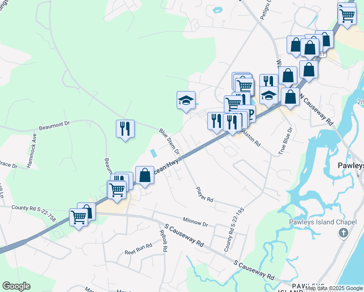 map of restaurants, bars, coffee shops, grocery stores, and more near 9841 Ocean Highway in Pawleys Island