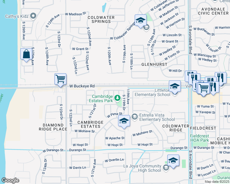 map of restaurants, bars, coffee shops, grocery stores, and more near 11990 West Belmont Drive in Avondale