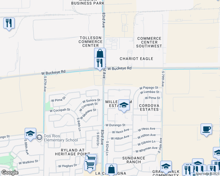 map of restaurants, bars, coffee shops, grocery stores, and more near 8234 West Papago Street in Phoenix