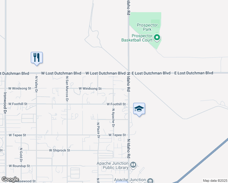 map of restaurants, bars, coffee shops, grocery stores, and more near 181 West Windsong Street in Apache Junction