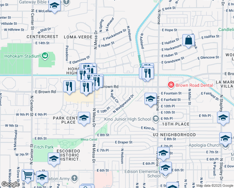 map of restaurants, bars, coffee shops, grocery stores, and more near 1063 North July Circle in Mesa