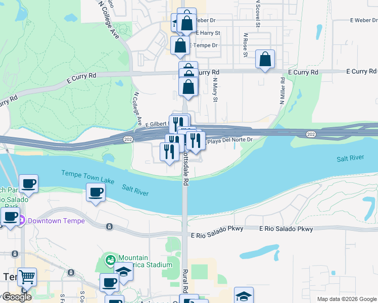 map of restaurants, bars, coffee shops, grocery stores, and more near 920 East Playa Del Norte Drive in Tempe