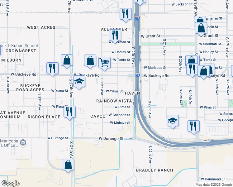 map of restaurants, bars, coffee shops, grocery stores, and more near 2413 West Yuma Street in Phoenix