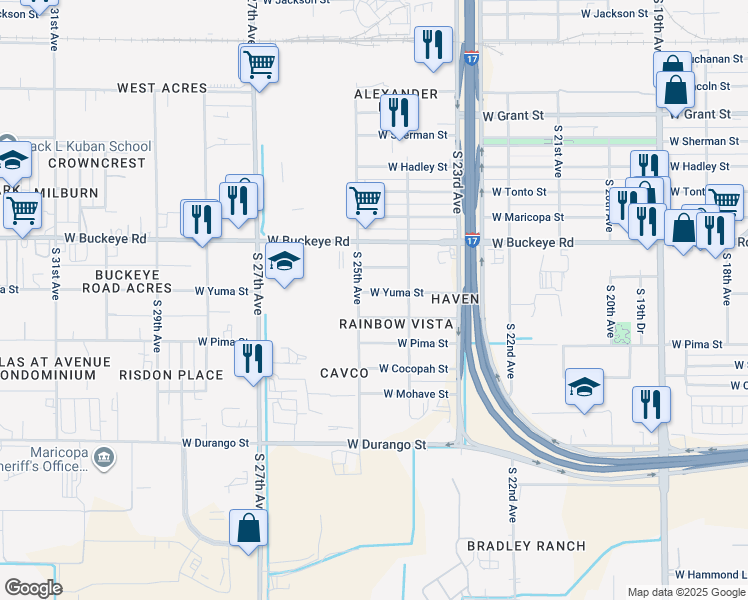 map of restaurants, bars, coffee shops, grocery stores, and more near 7600 South 25th Avenue in Phoenix