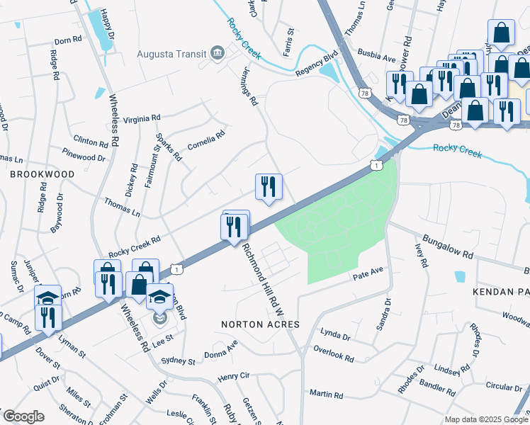 map of restaurants, bars, coffee shops, grocery stores, and more near 2815 Deans Bridge Road in Augusta
