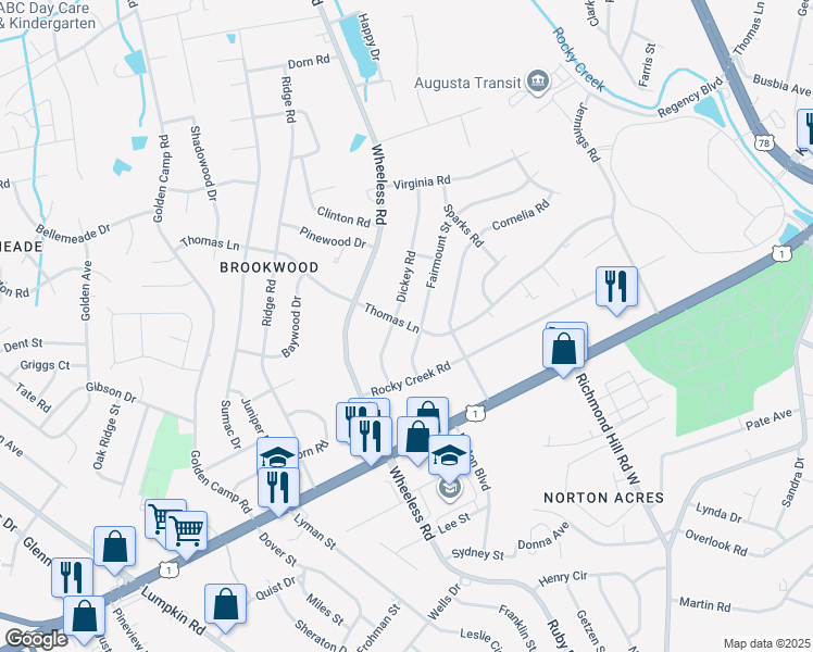 map of restaurants, bars, coffee shops, grocery stores, and more near 2851 Thomas Lane in Augusta