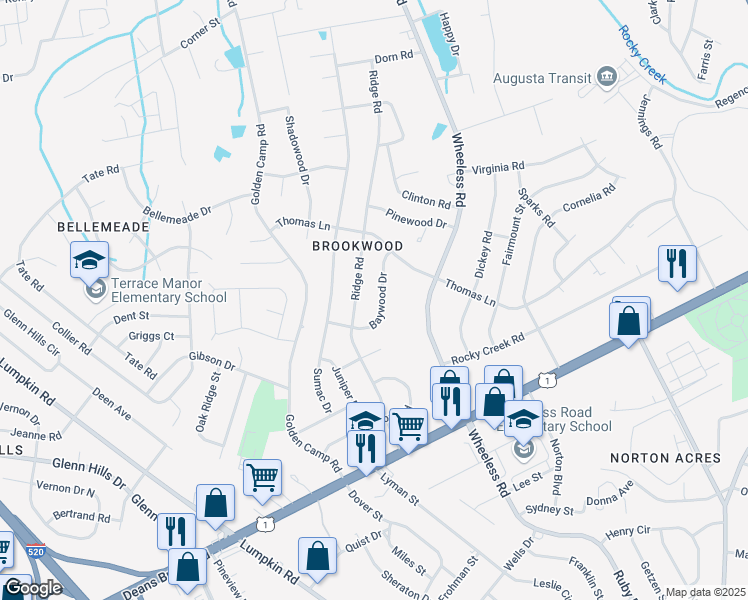 map of restaurants, bars, coffee shops, grocery stores, and more near 2410 Baywood Drive in Augusta