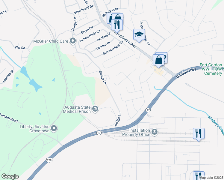 map of restaurants, bars, coffee shops, grocery stores, and more near 10 Dodge Lane in Grovetown