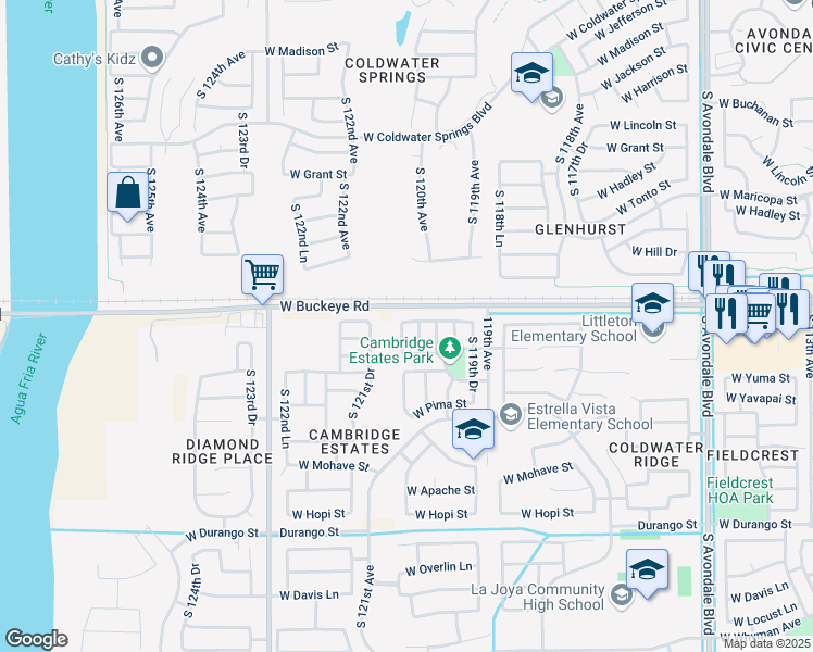 map of restaurants, bars, coffee shops, grocery stores, and more near 12031 West Belmont Drive in Avondale