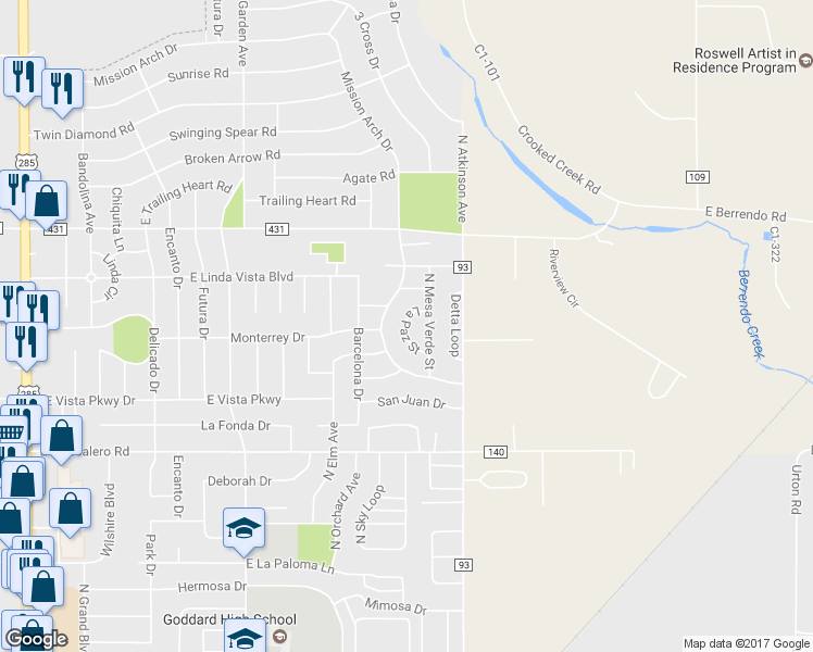 map of restaurants, bars, coffee shops, grocery stores, and more near 17 La Paz Street in Roswell