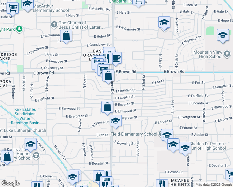 map of restaurants, bars, coffee shops, grocery stores, and more near 2008 East Fountain Street in Mesa