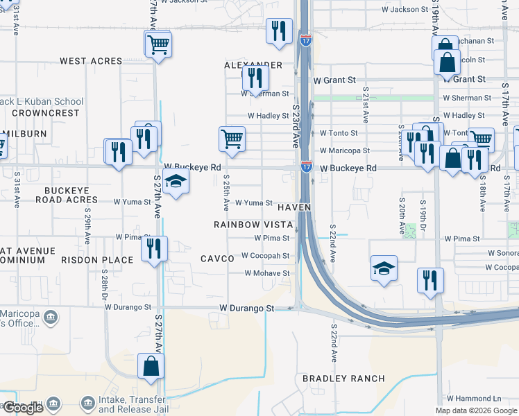 map of restaurants, bars, coffee shops, grocery stores, and more near 2413 West Yuma Street in Phoenix