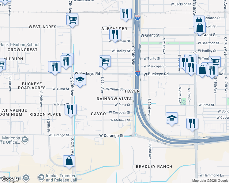 map of restaurants, bars, coffee shops, grocery stores, and more near 2413 West Yuma Street in Phoenix